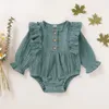 Bebé niña Ropa de diseñador Mameluco Infantil Diseño de volantes Manga larga Cuello redondo Mameluco de color sólido 100% algodón Primavera otoño Ropa mameluco