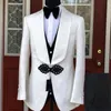 Brand New Hommes Costumes Motif Blanc et Noir Marié Tuxedos Châle Satin Revers Garçons D'honneur De Mariage Meilleur Homme (Veste + Pantalon + Gilet + Cravate) L376