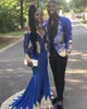 Africano Royal Blue Prom vestidos longos Alças Lace Appliques frisada Vestidos De Festa De Noche vestidos de noite