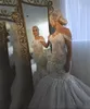 2019 Lyxiga Mermaid Bröllopsklänningar Sweetheart Lace Tulle Appliques Crystal Off Shoulder Sweep Train Anpassad Bröllopsklänning Formell Bridal Gown