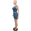 Two Piece Dress 2022T Sexy Women 2 Set Summer Denim Sleeveless Jeans Crop Top Shorts Suit Blue Outfit MF815