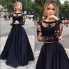 Plus Size Two Pieces Black Prom Dresses Long Sleeves A-Line Sexy Jewel Illusion Bodice Long Lace Evening Dress Party Formal Gowns 250s