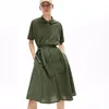 Fashion Brand Crocodile Women Casual Dresses Summer Elegant Solid Short Sleeve Dress With Sashes Cotton Size S-L Women Dress