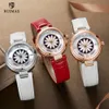 Ruimas Women Watches 고급 빨간 가죽 스트랩 자동 손목 시계 꽃 다이얼 기계식 시계 레이디 여자 방수 시계 6776