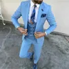 Fashion One Button Light Blue Wedding Men Suits Notch Lapel Three Pieces Business Groom Tuxedos (Jacket+Pants+Vest+Tie) W989