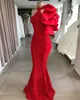 Halter Red Mermaid Party Dresses Sexy Sleeveless Appliqued Beaded Evening Dress Ruffle Cheap Sweep Train Custom Made Party Gown HOt Sell