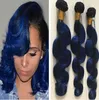 Dark Roots 1B Blue Ombre Weave Nasses und gewelltes rohes indisches reines Menschenhaar bündelt Körperwelle zweifarbige Haarverlängerungen