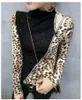 Patchwork Leopard Pullover Tshirt 2018 New Spring Autumn Women Sequined Bottoming Shirt Turtleneck T Shirts Clothes T91801