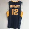 남자 # 12 JA Morant Murray State College Basketball Jersey Morant 자수 머레이 주 노란색 흰색 해군 농구 유니폼 더블 스티치 이름과 번호