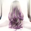 Long Wavy Ombre Grey Purple Middle Part Synthetic Lace front Wig Heat Resistant Dark Roots Three Tone Women Natural Hair Wigs