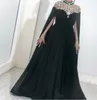 2020新しいAラインブラックウエディングドレス幻想的なシフォン長いキャップの高い首の床の長さとサイズの正式なパーティーの有名人のイブニングドレス