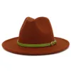 Moda verde lima cinturón hebilla decoración lana Artificial fieltro Jazz Fedora sombreros mujeres hombres ala grande plana sombrero vaquero Panamá L XL270i