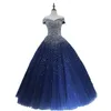 Off The Shoulder Navy Blue Ball Town Prom Dress Hoge Kwaliteit Kralen Pailletten Lace-Up Avondjurken