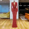 Vestidos de noche formales largos de Oriente Medio 2020 Lentejuelas con cuello en V profundo rojo Mangas largas Vestido de fiesta Kaftan de alta costura fruncido Vestidos de fiesta para mujeres