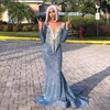 Ice Arabic Blue Sequined Mermaid aftonklänningar pärlor långärmad illusion hals prom klänning sexig billig formell festtävlingsklänningar