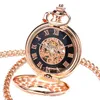 Klassische Steampunk Rose Gold Farbe Handaufzug mechanische Taschenuhr Unisex römische Ziffern Skelett Uhr Anhänger Kette Reloj d247C
