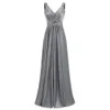 Beaded V Neck Satin Bridesmaid Dresses 2019 Floor Length Prom Gowns Lace Up Party Dress Gray