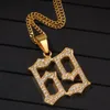 Modeontwerper Rvs Nummer 69 Hanger Ketting voor Mannen Kubieke Zirconia Encrusted Diamond Hip Hop Sieraden
