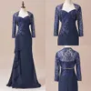 Navy Blue Lace Chiffon 2019 Moeder van de Bruid Jurken met Jas Kralen Gedrapeerde Vloerlengte Elegante Formele Avondjurk Moeder van Bruid