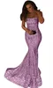 Sexiga Mermaid Sequins Bling Prom Dresses Strapless Ärmlös Afrikansk Formell Party Black Girl Evening Gäster Gäst Wear Robe de Soiree