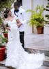 Elegante Organza Mermaid Wedding Jurken Off Schouderkap Mouwen Ruches Ruches Rok Appliques Gerolde trouwjurken Bruidjurk