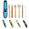 4 colors eco-friendly bamboo flatware cutlery set 7 pcs/set portable bamboo straw dinnerware set with cloth bag knives fork spoon chopsticks