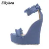 Eilyken Designer Denim Sandals Summer Roman Roman Quality Quality Heels Teels Peep Toe Platform Woman 210520