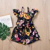 2020 Summer Baby Girls Floral Romper Fashion Söta barn Flower Printed Sling Jumpsuit Ruffles Children Bow Bodysuit C6239