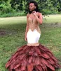 Luxury Feather Mermaid Prom Dresses Sheer Plunging Neck Beaded Evening Gowns Plus Size Floor Length Appliqued Formal Dress