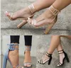 XingDeng Ladies Bandage Trasparente Sexy Summer Party Flock Sandalo Scarpe 35-42 SizeWomen Cinturino alla caviglia Sandali con tacco alto Scarpe