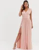 2022 Blush Pink Lace Pleated Formell aftonklänning V-ringning Chiffon split plus storlek lång prom maxi brudtärklänningar skräddarsydda
