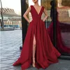 Sexy V-hals A-lijn Avondjurken Hoge Split Side Mouwloze Prom Party Jurken Formele 2019 Vestidos Nieuwe Collectie