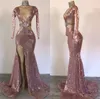 2019 Rose Gold Avondjurken Diepe V-hals Pailletten Crystal Side Split Sexy Mermaid Prom Dress Party Draag echte foto's Formele gelegenheid jurken