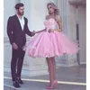 Chique Pink Ball Ball Vestidos Homecoming Princesa 2019 Bordado Bordado Crystal Lace Tulle Strapless Curto Prom Vestido Noite Party Party Cocktail