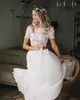 Sexy Two Pieces Country Boho A Line Wedding Dress Off Shoulder Chiffon Lace Appliques Short Sleeves Floor Length Beach Bohemian Bridal Gowns