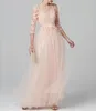 Fashion Tulle Illusion Neck A-line Long Cocktail Dress Bridesmaid Dresses 3/4 Long Sleeve Evening Dresses Back Covered Button