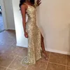 New Gold Sequins Long Prom Dresses 섹시한 허벅지 높은 슬릿 자기 갈고리 베스 티 도스 De Fiesta 2019 할로우 뒤로 인어 공무원 가운