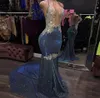 Sexy blaue Pailletten-Abschlussballkleider mit V-Ausschnitt, rückenfrei, ärmellos, afrikanische Kristall-Abendkleider, Übergröße, Sweep-Zug, Partykleid