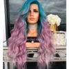 180density full side part Cosplay style Synthetic Lace Front Wig Long body wave blue ombre pink Colorful wig Heat Resistant Fiber For Women
