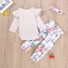 3pcs / lot flicka baby kläder nyfödda långärmad romer + blommiga långa byxor + huvudband outfits kläder set 0- 24m