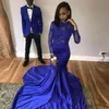 2019 Royal Blue Mermaid Avondjurken met Kant Applique Lange Mouwen Afrikaanse Party Prom Dress Sexy backless formele jurken