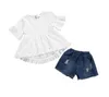 Детские дизайнерские одежды для девочек наборы одежды Летние разорванные джинсы Топы хлопчатобумажные бельневые ins in slite rush throubles брюки костюмы бутиковые наряды b6099