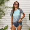 女性印刷されたカジュアル半袖Tシャツファッショントレンドグラデーションラウンドネックトップスティー女性プリントデザイナー夏の新しいTシャツ服