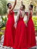 Red Charming Bridesmaid Dresses Lace Tulle Backless Ruffles V Neck Maid Of Honor Dresses Floor Length Chiffon New Fashion Wedding Guest