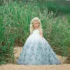 2020 Princess рукавов V Назад Кружева Кристалл цветов платья синий выполненные на заказ Девочки Дети Вечерние платья Первое причастие платье