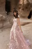 Katherine Joyce Pink A Line Wedding Dresses Jewel Neck Short Sleeve Appliques Tulle Wedding Dress Sweep Train Boho Bridal Gowns