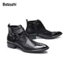 Batzuzhi Handmade Homens Botas Curtas De Metal Ponta Do Dedo Do Pé De Couro Preto Botas Curtas Trabalho Masculino, segurança Botas de Cowboy Homens botas hombre Fivela