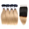 1B27 Ombre Honey Blond Blond Bunde Blond Closure Dark Roots 50g / 번들 10-14 인치 4 번들 브라질 스트레이트 인간의 머리카락 확장