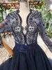 2022 Dark Navy Elegancki wieczór Formalne sukienki Długie Rękawy Zroszony Tulle Koronki Prom Suknie Celebrity Plus Size Party Dress Suknia Weddings