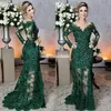 Luxury Dark Green Lace Mermaid Mother of the Bride Dress Sheer Bateau Neck Illusion Long Sleeves Formal Dresses Evening Party Gowns